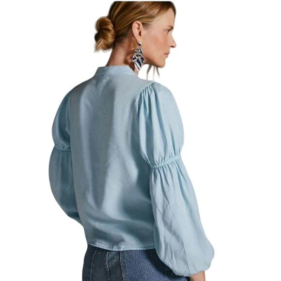 Anthropologie Amadi puff sleeve blouse L tencel Romantic Bohemian Blue Peasant - Picture 4 of 13